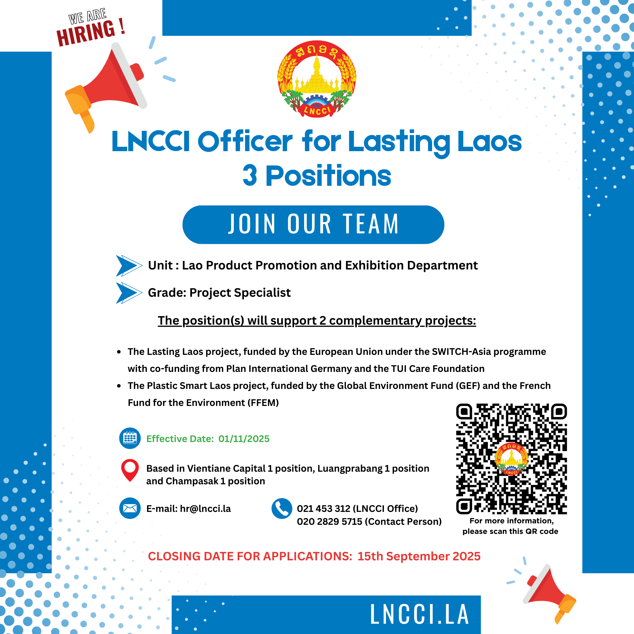 We’re hiring!  LNCCI Officer for Lasting Laos 3 Positions